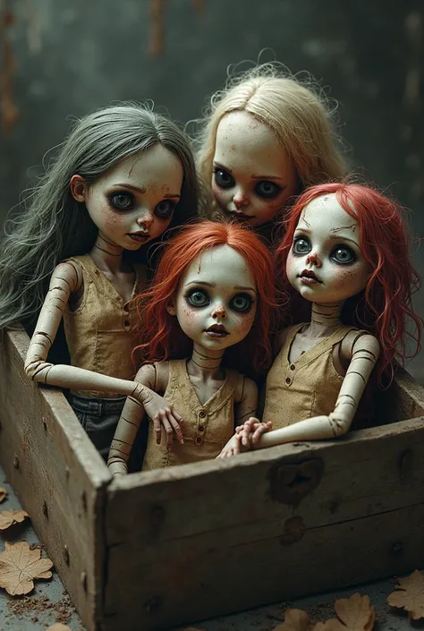 Four spooky and evil looking dolls with hair wrapped in old paper, they are in an old wooden box and all have different color ha...