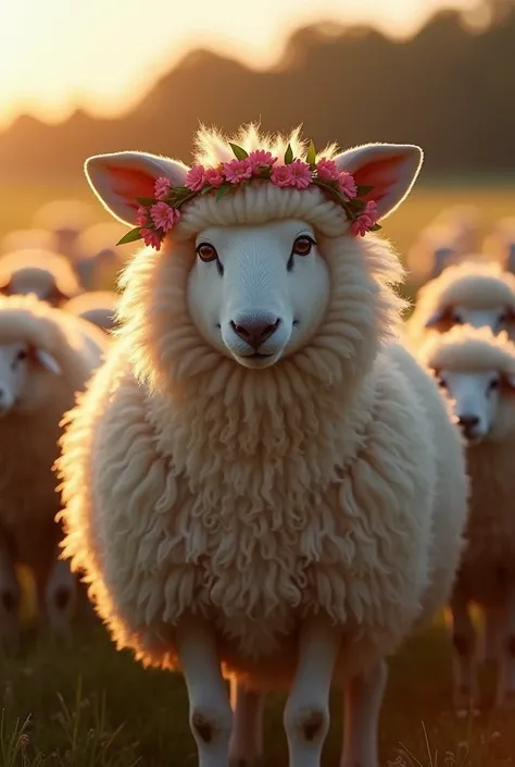 Hyperrealistic cinematic shot, wolf-sheep (now nicknamed "Fluffy Peter") as the fluffiest, most rotund sheep in flock, costume s...
