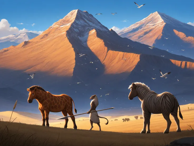 anime style, a wild lioness beastwoman wearing fur clothes and holding a spear, standing on a hill overlooking a vast savannah, ...