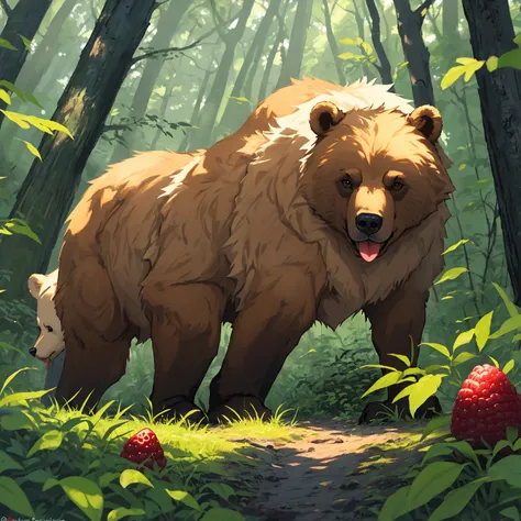 Draw a Russian bear , who eats raspberries, In the green forest.