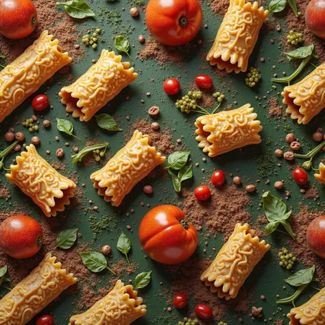 Cannelloni pasta themed aesthetic fabric motif with dark green background and dark red gradation