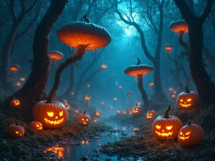 "Create an ultra-high-resolution (9500 x 4000px) fantasy illustration of a Witch’s Pumpkin Forest at night, glowing with eerie b...