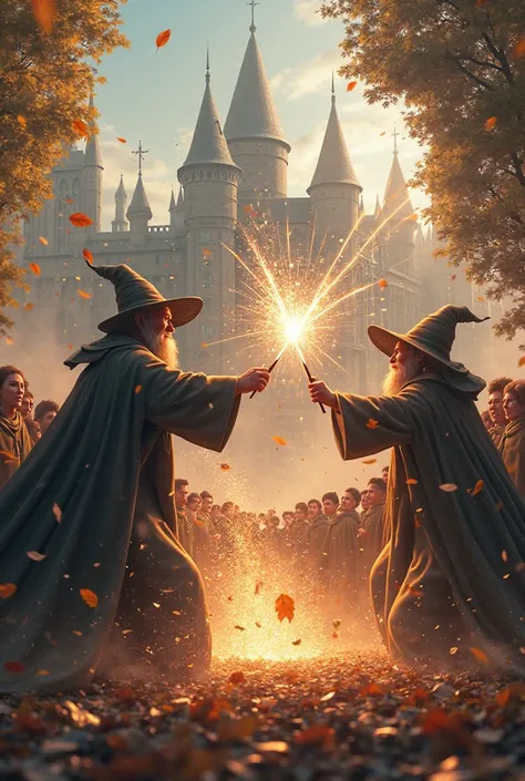 Wizards dueling vigorously with shining wands and watched by excited students as leaves fly gently around a majestic castle illu...