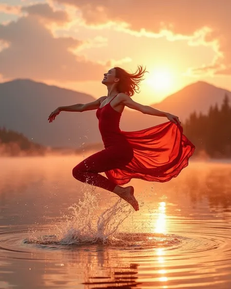 A high-speed photograph of a dancer leaping mid-air in the middle of a shallow lake at sunrise, water droplets frozen in motion ...
