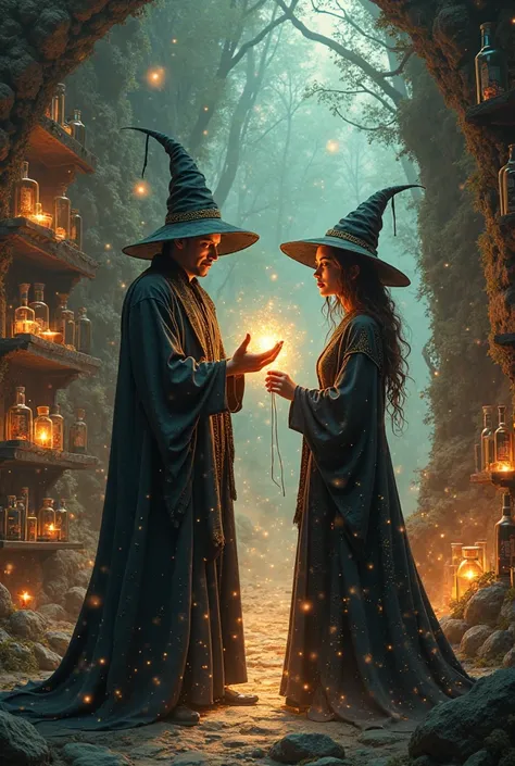 A magical couple in pointed hats, dark robes, surrounded by potions and spellbooks, inside a mystical forest or stone tower, enc...