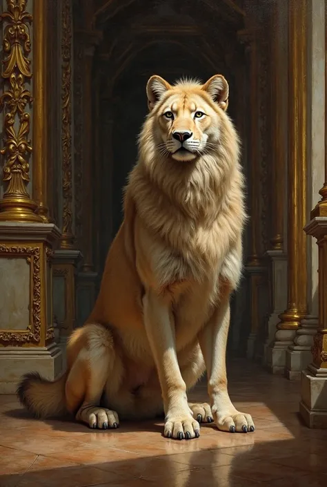 Baroque Paintings 、wild animals standing in graceful poses、The contrast between golden decorations and dramatic light、rich fur ...