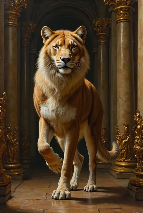  Baroque Paintings 、wild animals standing in graceful poses、The contrast between golden decorations and dramatic light、rich fur ...