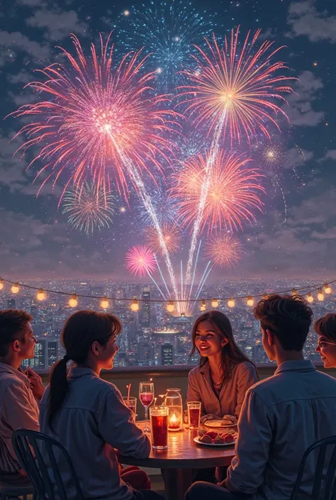 Fireworks Seen from a Rooftop A group of friends sitting on a rooftop with snacks and drinks, enjoying the show.
