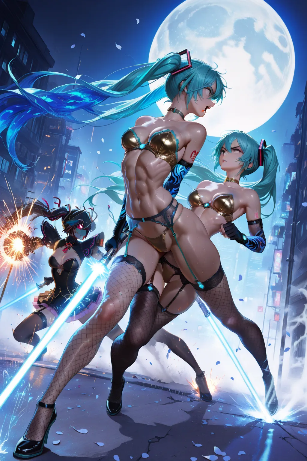 (masterpiece, detailed:1.2),A Japanese high school girl (hatsune miku)  (((beautiful face))),, , wields a shimmering (( blue lig...