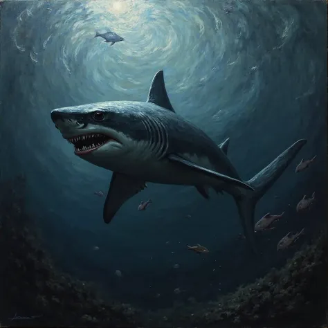Act like a classic painter and draw a shark in dark tones
