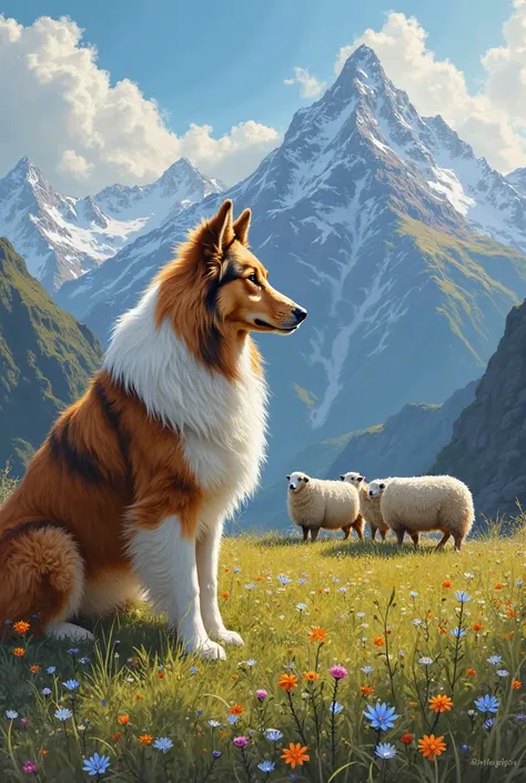 A long-haired collie on an alpine meadow watches a flock of sheep . sunny day . blue sky. Mountains on the horizon. Oil painting...