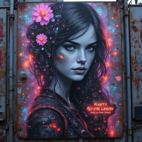 A massive cyberpunk street mural painted onto a metallic building surface in a dystopian megacity. The central figure is a grays...