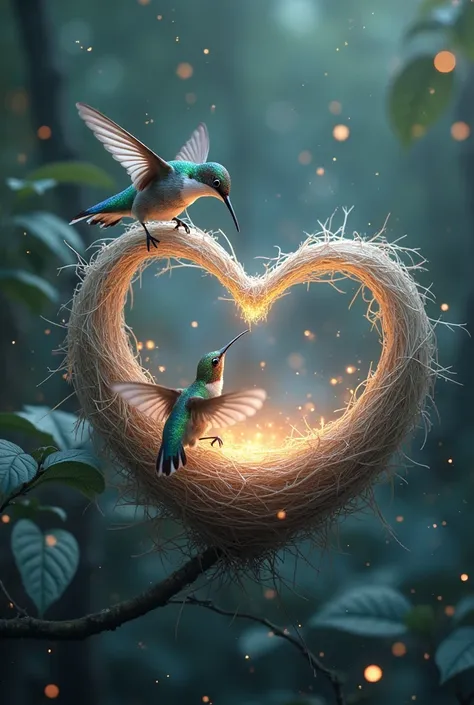A cover picture of a bird's nest in the shape of a heart shining in bright white. A very beautiful hummingbird is flying near th...