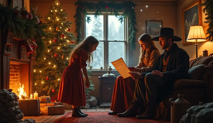 Hyperrealistic 1870s Christmas scene: In a warmly lit boarding house parlor decorated with evergreen garlands and candles, an un...