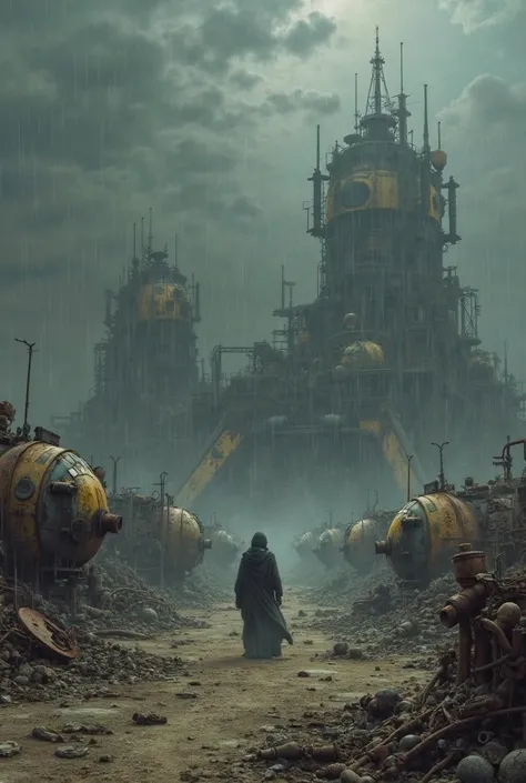 The scene depicts a silent expanse where broken dreams and rusty machines lay abandoned. The environment is dominated by an arra...