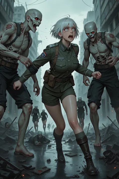 Teen (short white hair) military outfit, allies running away, zombie man, rape, rough, her crying, apocalypse, full body, surpri...