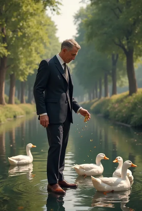 The mascot of the big boss: an elegant man feeds ducks