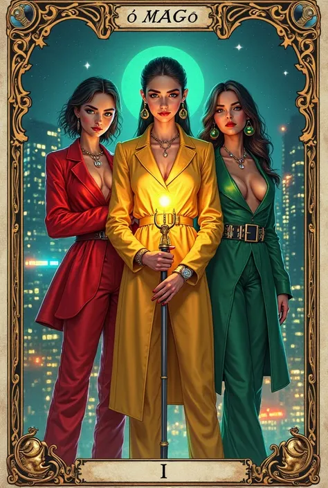 A highly detailed 8K tarot card illustration titled 'O Mago' featuring three original young female spies standing confidently to...