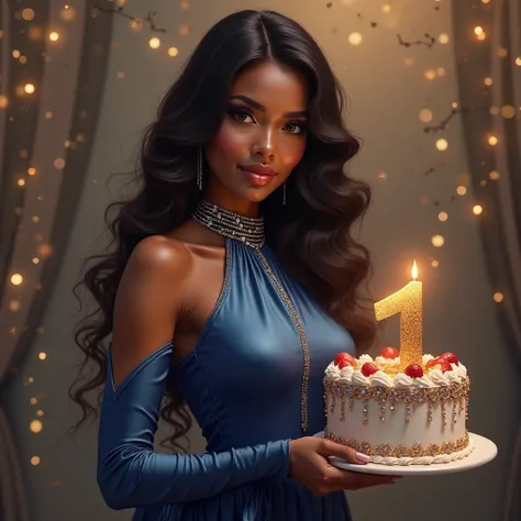 Hyperrealistic digital portrait of a stunning woman in a magical and elegant setting. She has soft and radiant brown skin, large...