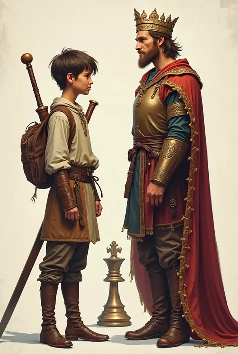 Create an image showing the same character in two different stages of his life, both in view of profile.

on the left side, show...