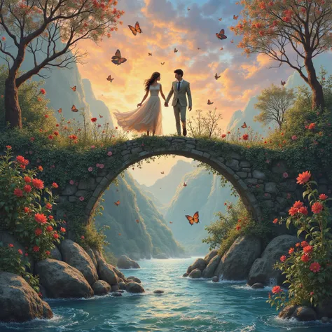 Magical Realism
Lovers walking on a bridge where flowers grow from stones and the sky shimmers with all the colors of the rainbo...