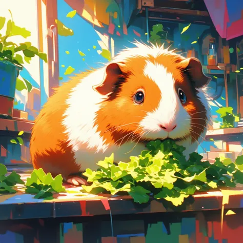masterpiece, best quality, newest, guinea pig, eating lettuce, counter, indoors, splash effect,, dynamic illustration, dramatic ...
