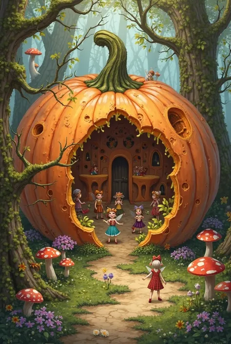 Fairy academy: university build in a big pumpkin, tree trunks,and  mushrooms 