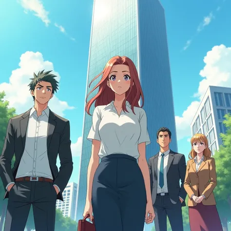 Anime-style outdoor daytime scene in front of a towering corporate building. A calm, graceful woman in her late 20s (Sophia) sta...