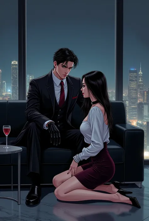 A stunning, webtoon-style illustration set in a luxurious, dimly lit penthouse office. The scene features a tall, devastatingly ...