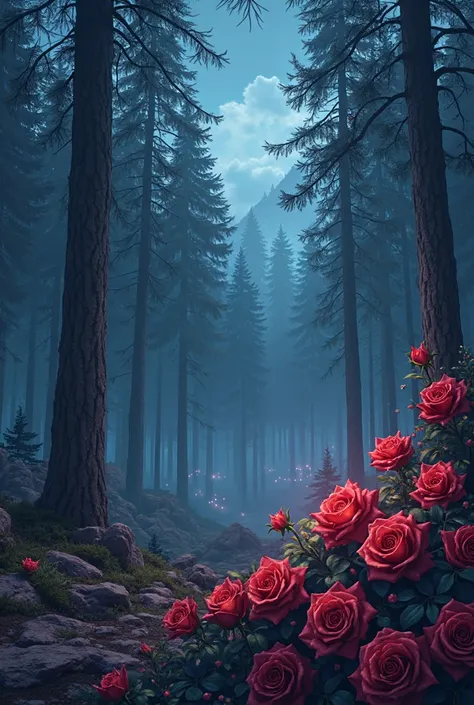 front page: Tall pine forest, Late night, faint lights, con rosas rojas, perspective above , Anime visual style.
