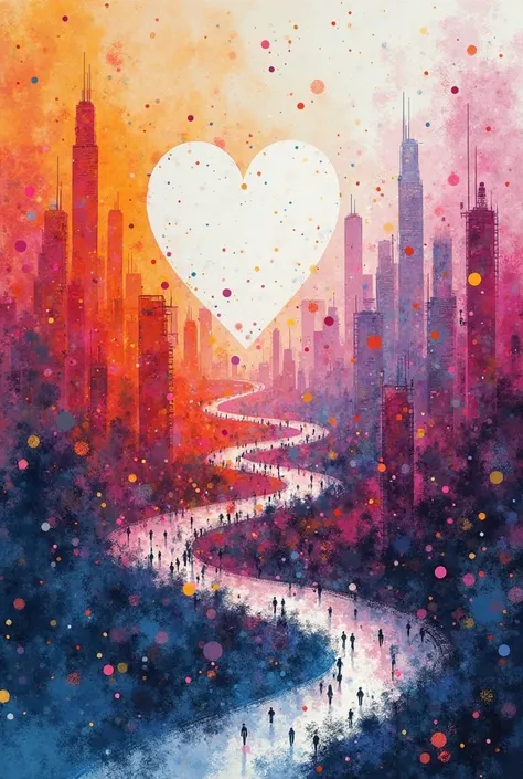 Make a futuristic city by merging dots from Rio de Janeiro and SP in drawings, em retrato,  in colors like orange , ciano, magen...