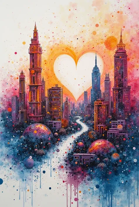 Make a futuristic city by merging dots from Rio de Janeiro and SP in drawings, em retrato,  in colors like orange , ciano, magen...