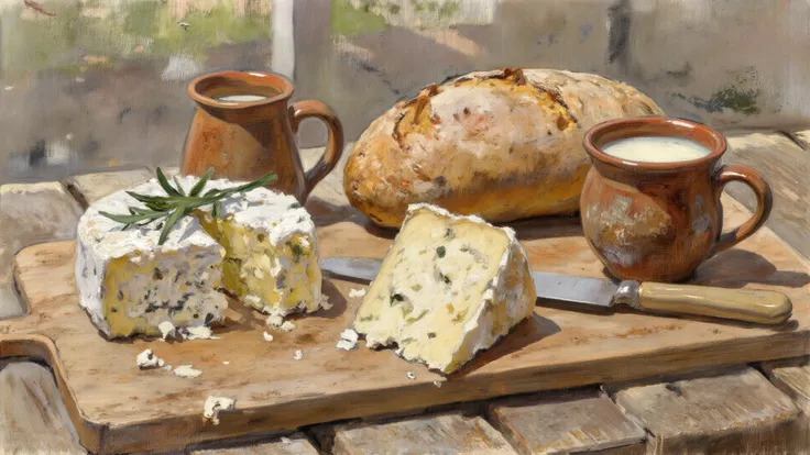 Close-up of a rustic kitchen table, bowl of crumbly fresh cheese with herbs, loaf of coarse bread, clay mug with whey, sunlight ...