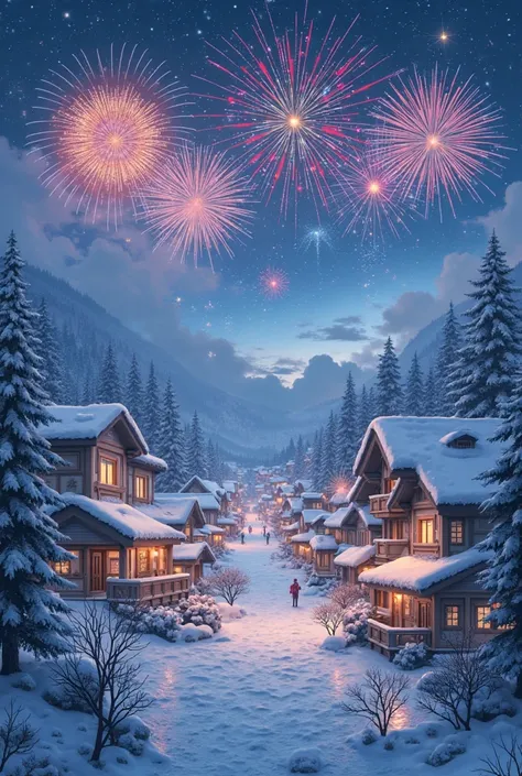  hot spring town　night　 Fireworks　snow