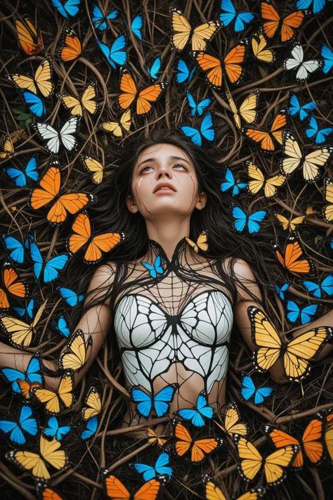Eyes in the sky, a lot of tears in the air, a girl looking up, a lot of limbs on the ground, a huge butterfly made of eyes and l...