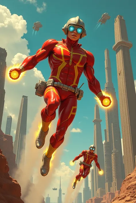 make some atomic age superhero's in a retro futuristic style 