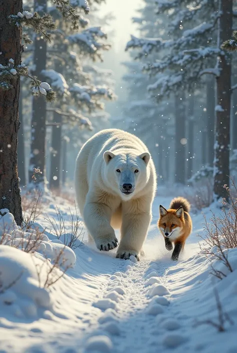 Polar bear chasing a fox but forests