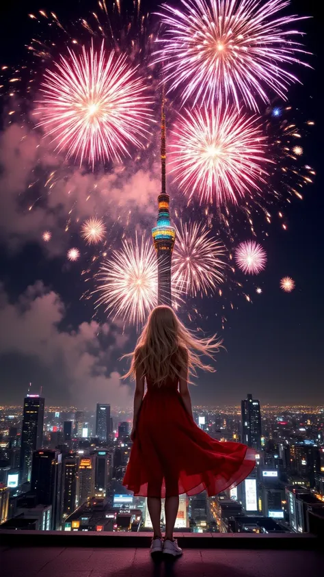 fireworks,Firework,fireworks,Countless fireworks launched all over the night sky、Rear view of a girl standing at the top of TOKY...