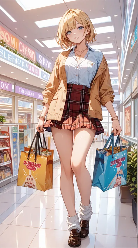 blonde gal、short plaid uniform skirt、loose socks and loafers、tall、Beautiful legs、open uniform collar、flashy nails、bracelet、earri...
