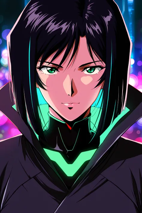 masterpiece, best quality, late 80s–90s anime style (Evangelion, Cowboy Bebop, Gundam), cyberpunk edgerunners style, close-up po...