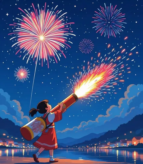 A vibrant fireworks festival at night, featuring A girl carrying a large fireworks launcher with her back. She is releasing spec...