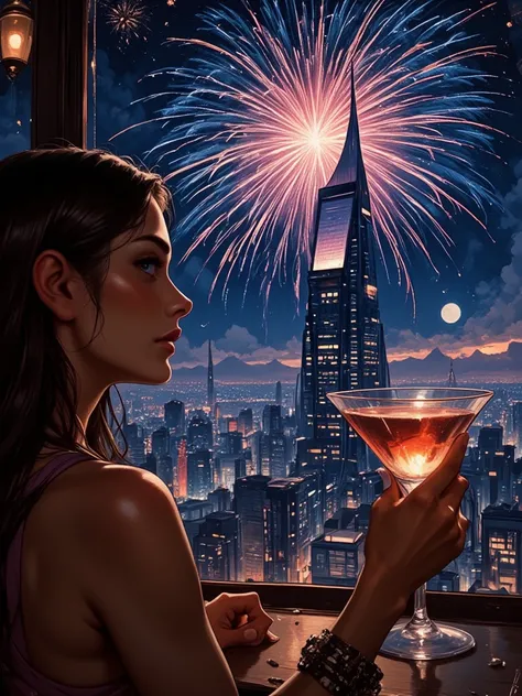 SuchDetail, A illustration in the rimixa style, Close-up of a woman holding a cocktail glass A large fireworks are launched outs...