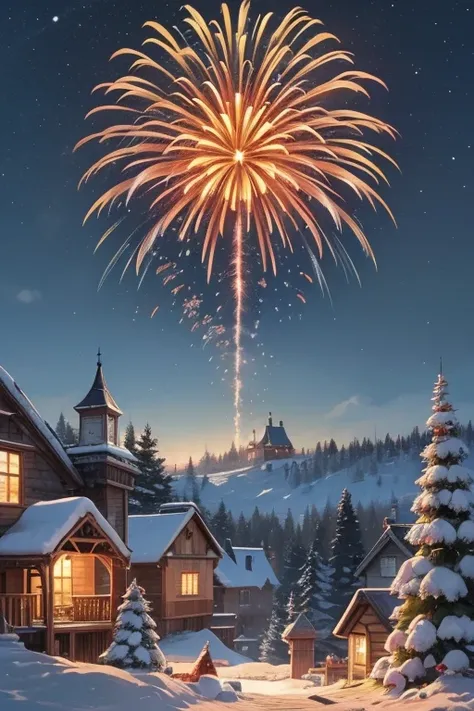 Fireworks in a Snowy Landscape A snowy scene with fireworks painting the cold sky in warm colors.