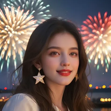 Macy’s Fourth of July fireworks over Manhattan, massive bursts near the Statue of Liberty, reflections on the Hudson River, Amer...