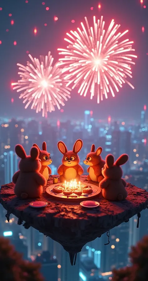 A breathtaking, cinematic night scene of a fireworks festival. A group of adventurous adult cartoon animals, with large, express...