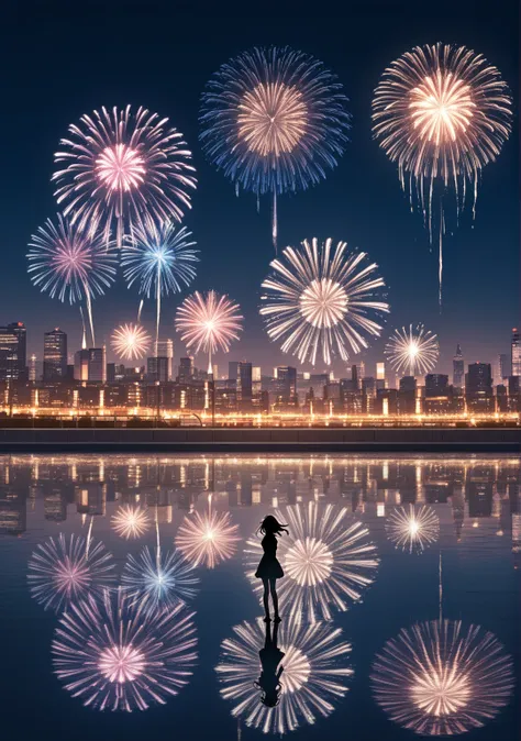 fireworks display、Night view、city lights、Distant view、light reflection、Summer night sky、sparkle、Water Surface Reflection、silhoue...