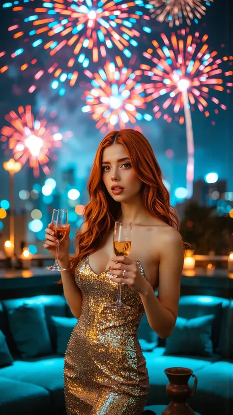 Under the night view of colorful fireworks exploding, Beautiful Women at the Rooftop Party, Elegant Hand Gestures with Champagne...