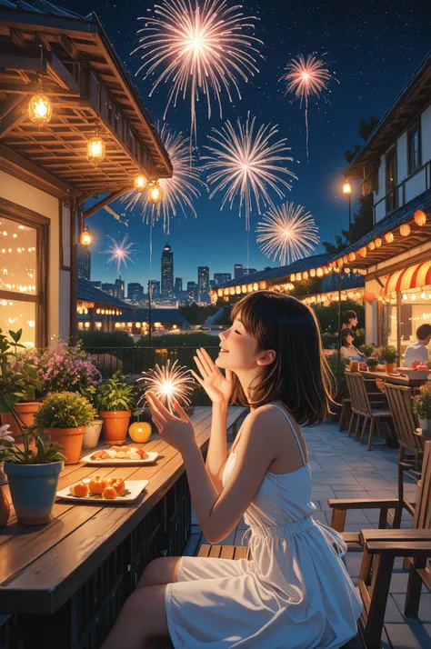 high quality, RAW photo, finely detail, anime style, cute girl, medium hair, white sundress, rooftop terrace, garden furniture, ...