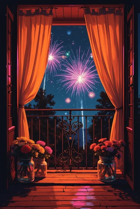 Fireworks show seen from a porch, curtains moving in the wind, jars with variously colored flowers, black iron grill, wooden flo...