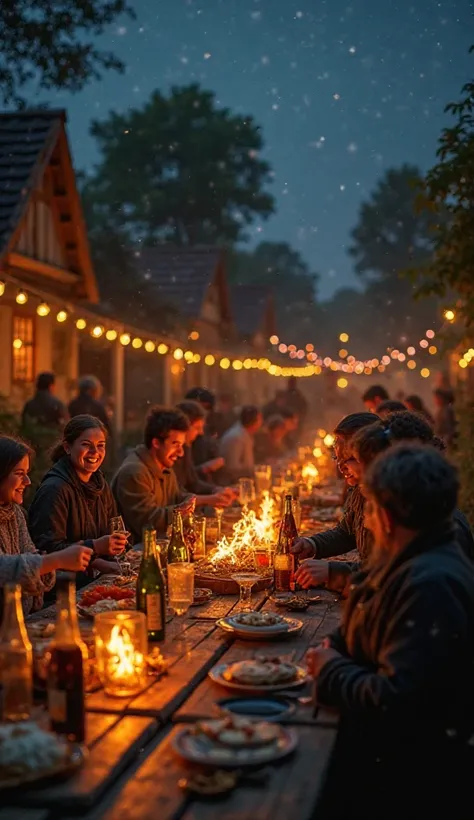  villagers having a lively night party in a rural village, long wooden tables with food and drinks, people laughing and drinking...